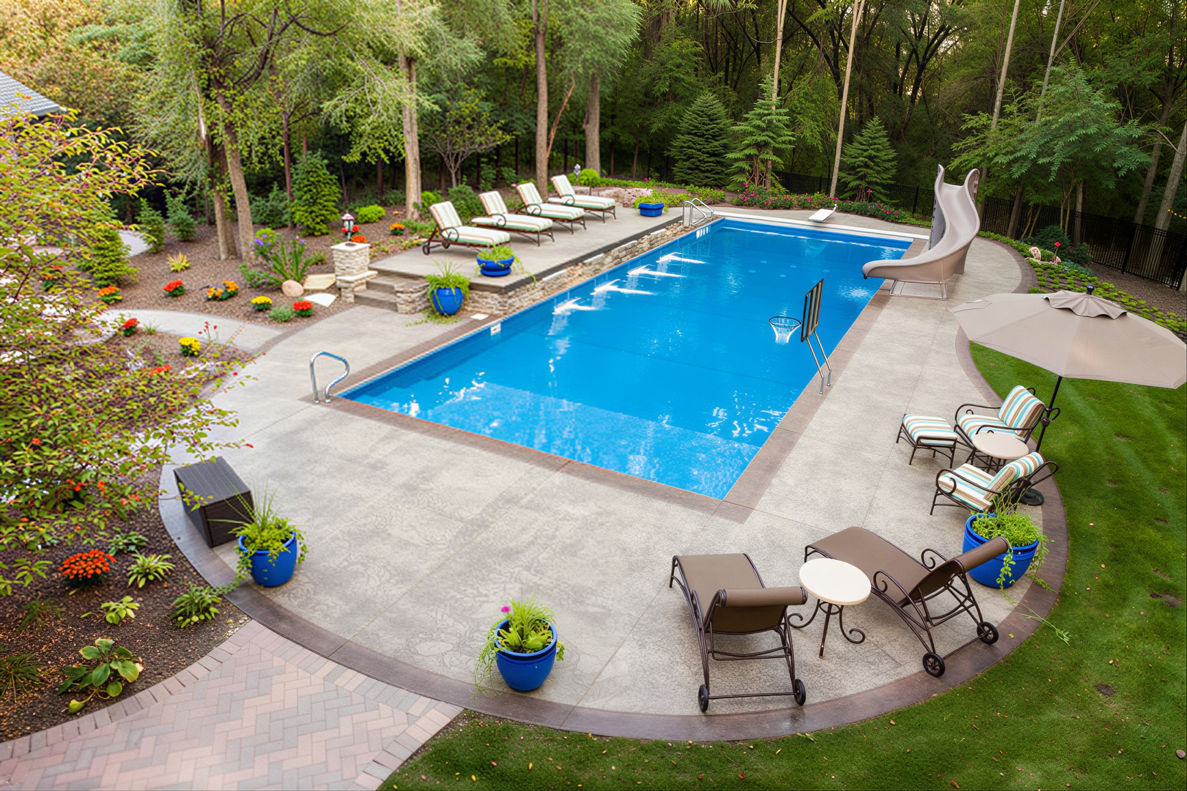 large swimming pool and patio in a secluded back yard.